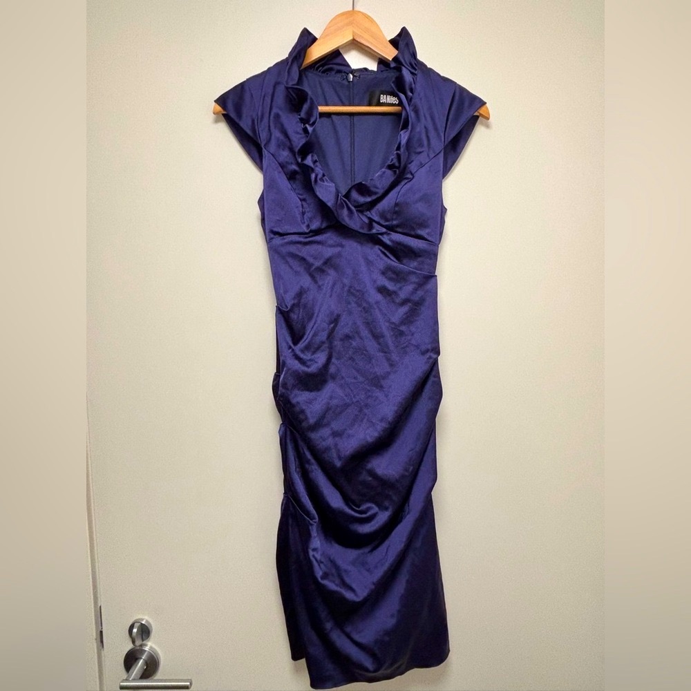 Ba Nites 13.5” PTP Gorgeous Ruched Midi Dress, Size 4, Blue/Purple.